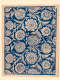 Vintage repetitive wallpaper sample depicting a dense, ornate, blue and cream pattern showcasing paisleys and intricate stylized floral motifs on a rich tan-toned base.