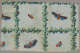 Light blue, blemished wallpaper with various sized orange and blue butterflies in the center of a grid made out of intersecting green garlands with red berries
