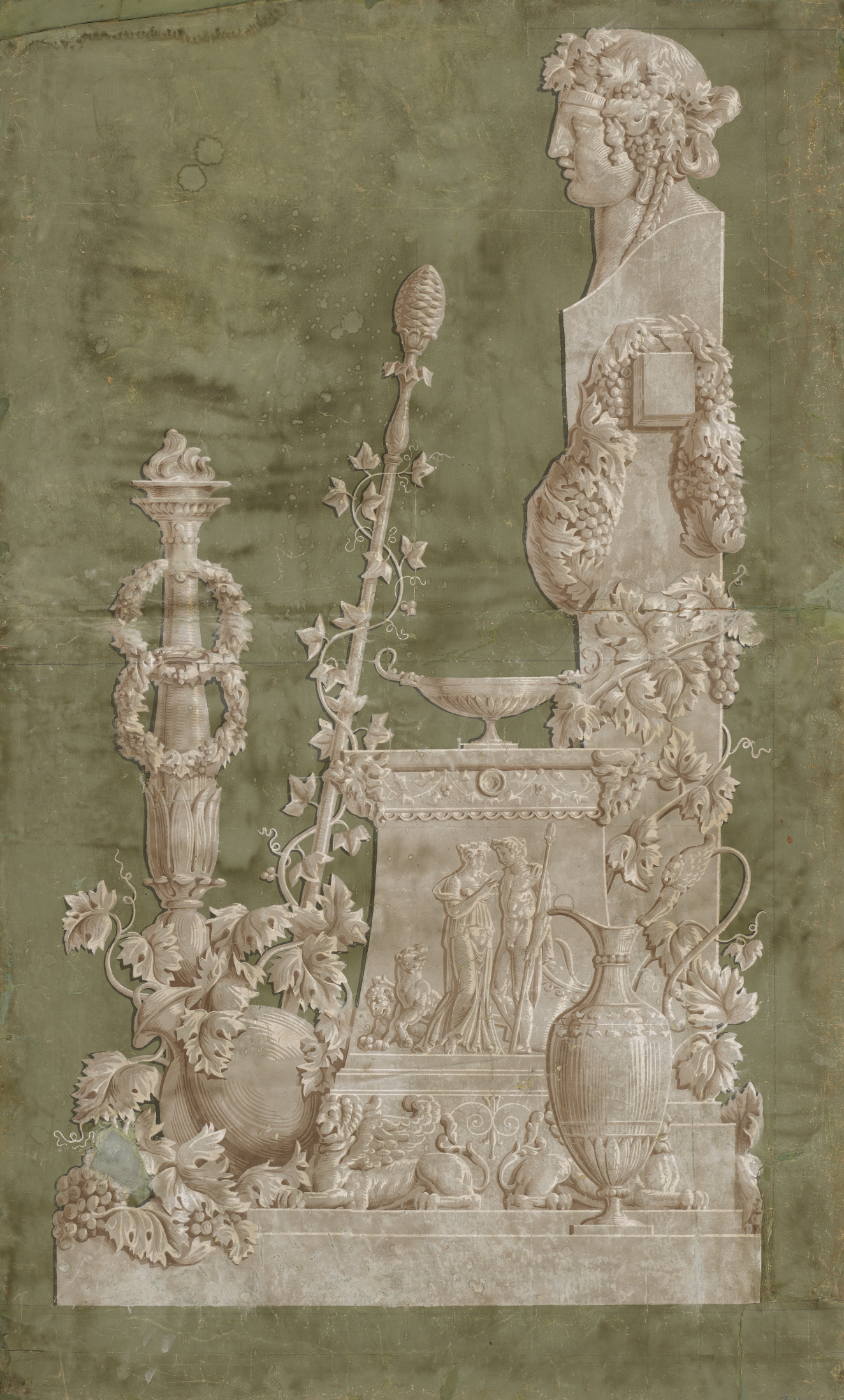 Intricately shaded light gray composition on a dark gray watercolor background featuring a bust of a figure on a pedestal surrounded by vases and sculptural elements overflowing with floral vines.