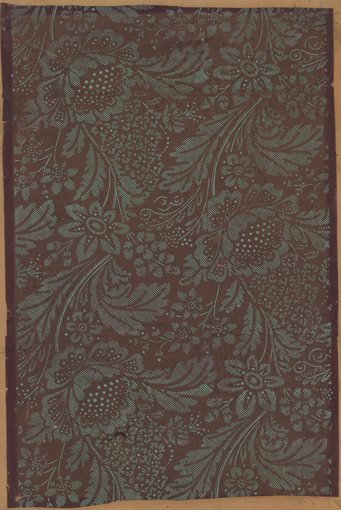 Wallpaper segment filled with elaborate, dense, and crowded green stitching that forms swirling floral patterns and foliage on a dark brown canvas.
