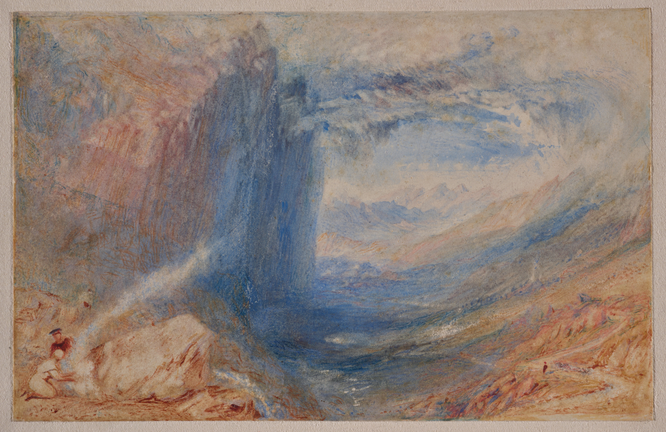 A moody watercolor of the Scottish Highlands. A large blue waterfall and a dramatic sky cast its shadow over the rocky valley. In the foreground are a few figures.