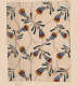 Aged, cream wallpaper containing thin blue stems and oblong leaves with red, yellow, and blue and white striped flowers repeating and overlapping on top of each other throughout.