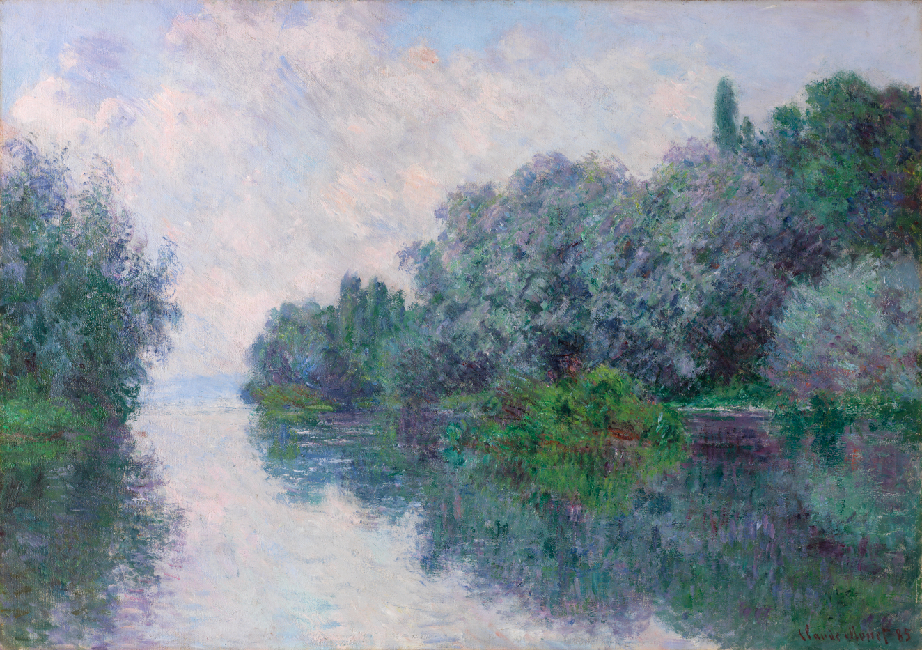Painting of a misty riverbank reflecting lush trees and a cloudy sky, all painted with soft, small brushstrokes blending blues, greens, pinks, and purples. 