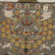 Embroidery covering the back of a gray ceremonial robe, depicting a tiered building inside a gold circle, surrounded by golden disks, flying cranes, and swirling clouds.
