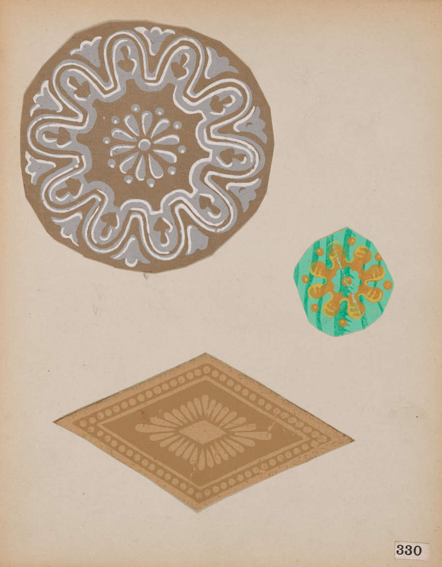 Three designs, a large brown circle with white and gray patterns, a green circular emblem with a a gold floral pattern, and a brown diamond with a central floral motif.