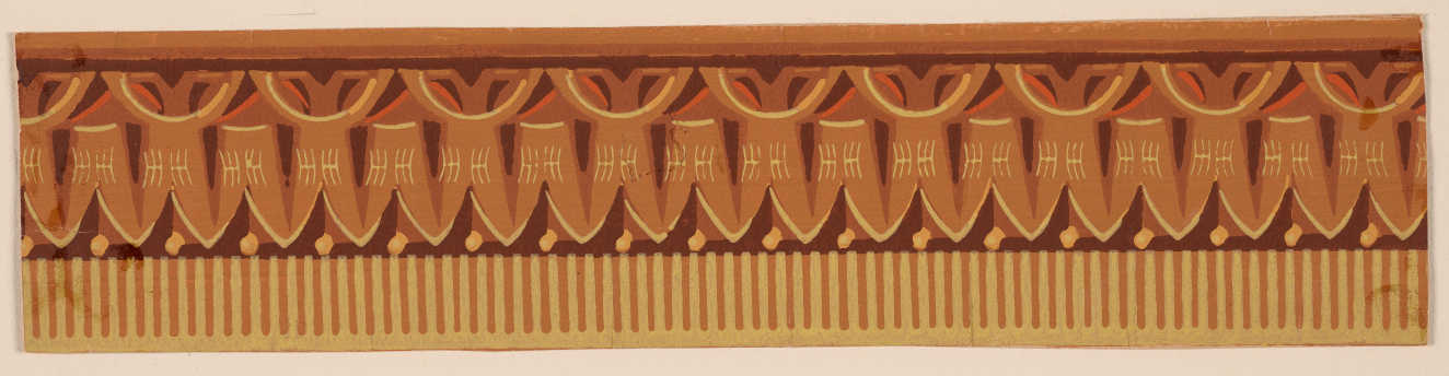 A warm gold and brown border split horizontally with a thin section of arched motifs, a wider middle section of triangular ribbon patterns and a base of  thin vertical stripes.