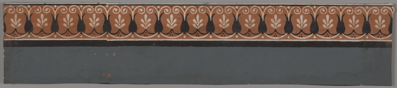 A decorative brown top band with black and white leaf motifs, separated from a gray base by a black stripe.