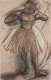 Brown pastel drawn with expressive lines and soft shading depicting a woman wearing a knee length tutu in a dance pose lit from behind, casting a shadow to the left.