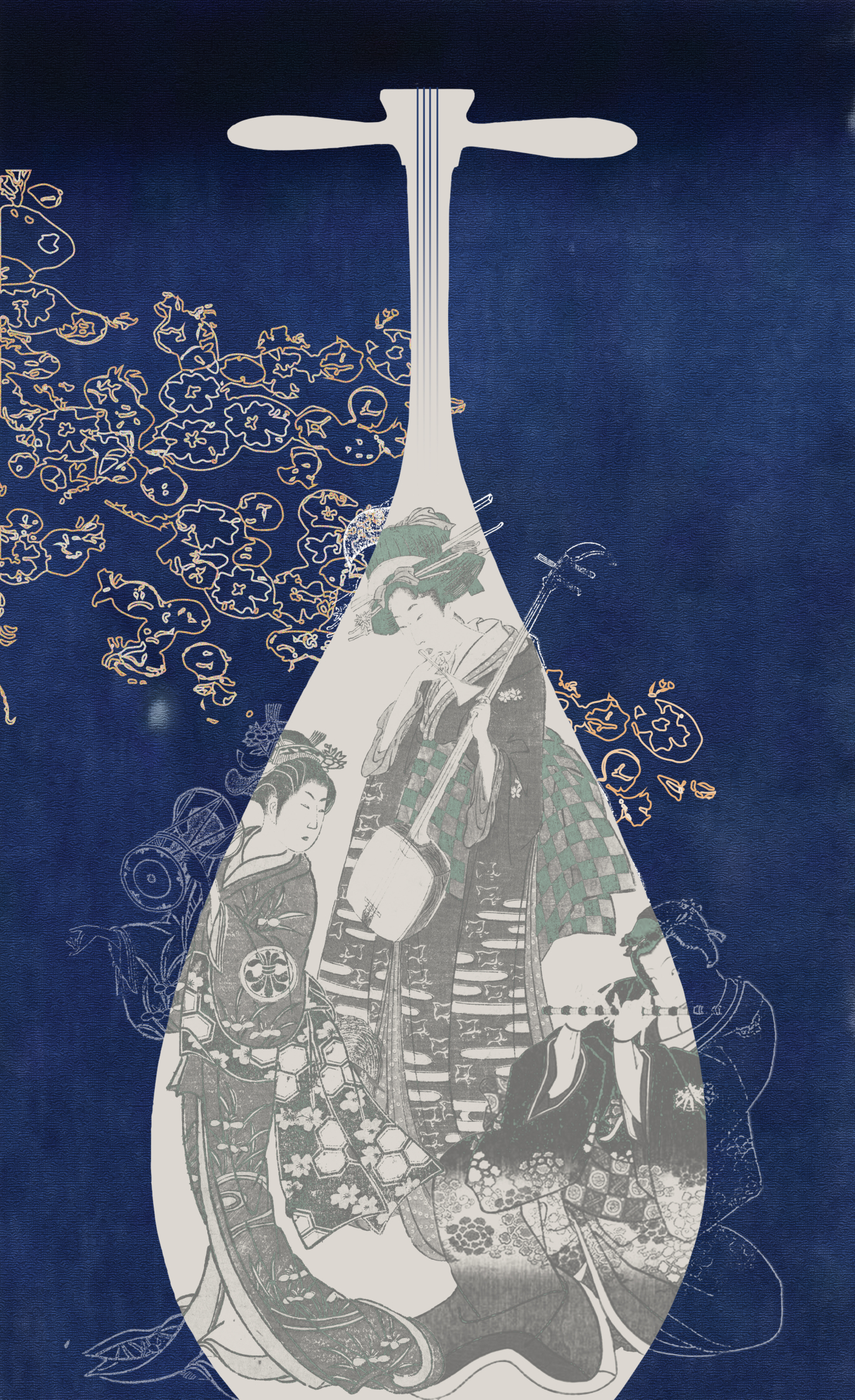 The silhouette of a white lute is overlaid with woodcut images of three musicians. The lute is centered on a dark blue background embellished with orange and white flowers and leaves.