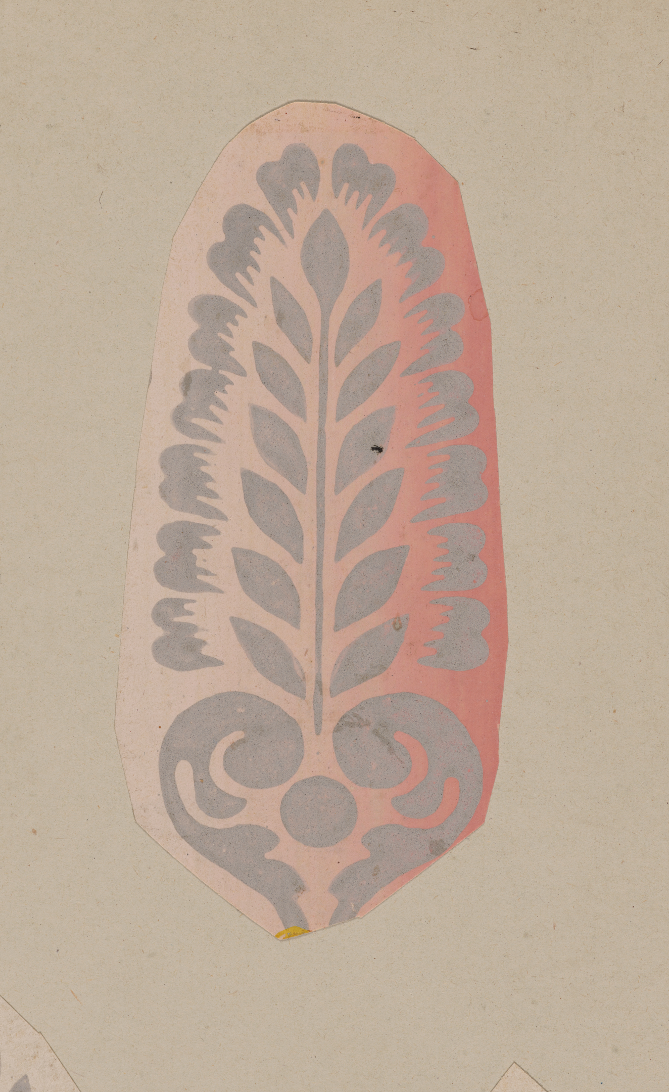 Decorative motif in silver featuring leaves around a thin stalk surrounded by many small petals above a central circle and swirling shapes on top of a pale red gradient background.