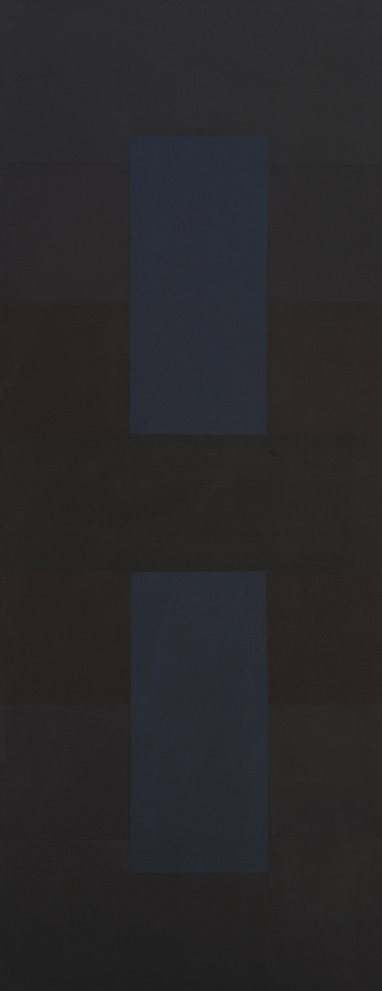  A dark blue rectangular shape is intersected horizontally at the center by a black rectangular shape.  It is also bordered on the sides by alternating dark gray and maroon squares and on the top and bottom by broad light-black u-shaped rectangular forms.