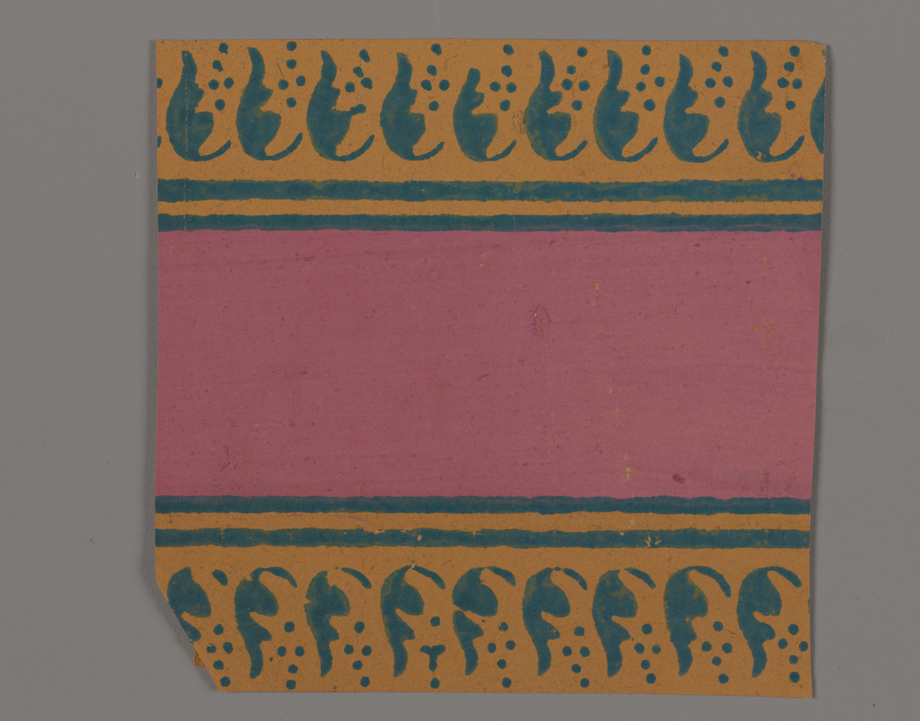 Square decorative design on a gray background featuring a large central stripe in pink with yellow borders featuring teal leaf patterns accented by small dotted patterns and stripes.
