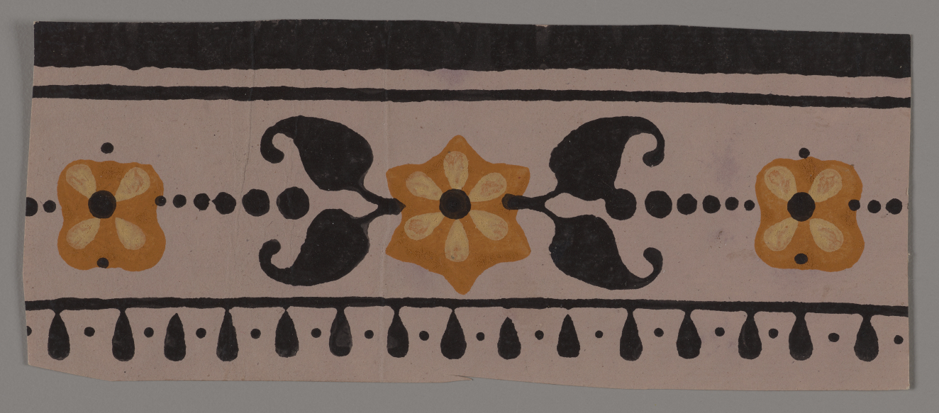 Horizontal decorative design on a white backdrop with black borders and three yellow flowers above a teardrop pattern. The center flower is surrounded by symmetrical black leaves and dots.