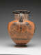 A terracotta ceramic vessel adorned with symmetrical black spirals and botanical motifs, bordered by geometric bands.