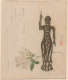 Illustration of a bronze figure standing with one arm raised, beside a white flower and columns of calligraphy. 