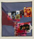 Blue quilt with pop culture posters, magazines, and photographs collaged on top. The college is overlaid by translucent red and blue triangles and lines.