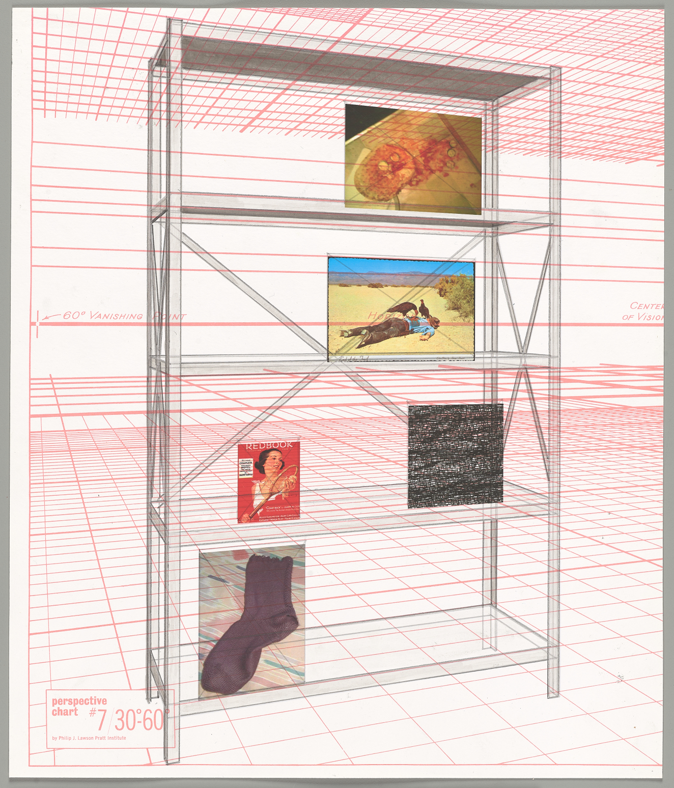 A transparent wireframe bookshelf in a red perspective grid space, displaying images including a close-up of a mushy orange object, purple sock, grainy black texture, and figure in the desert. 