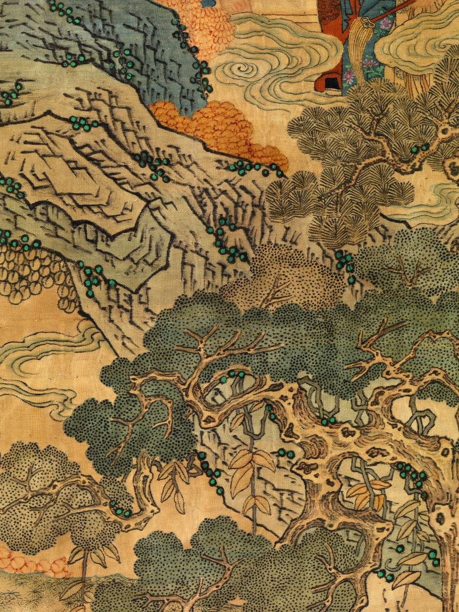 Detail view of the scroll, showing ornate bonsai-like trees with stippled leaves and rocky forms composed of sharp, angular lines, amongst swirling clouds.