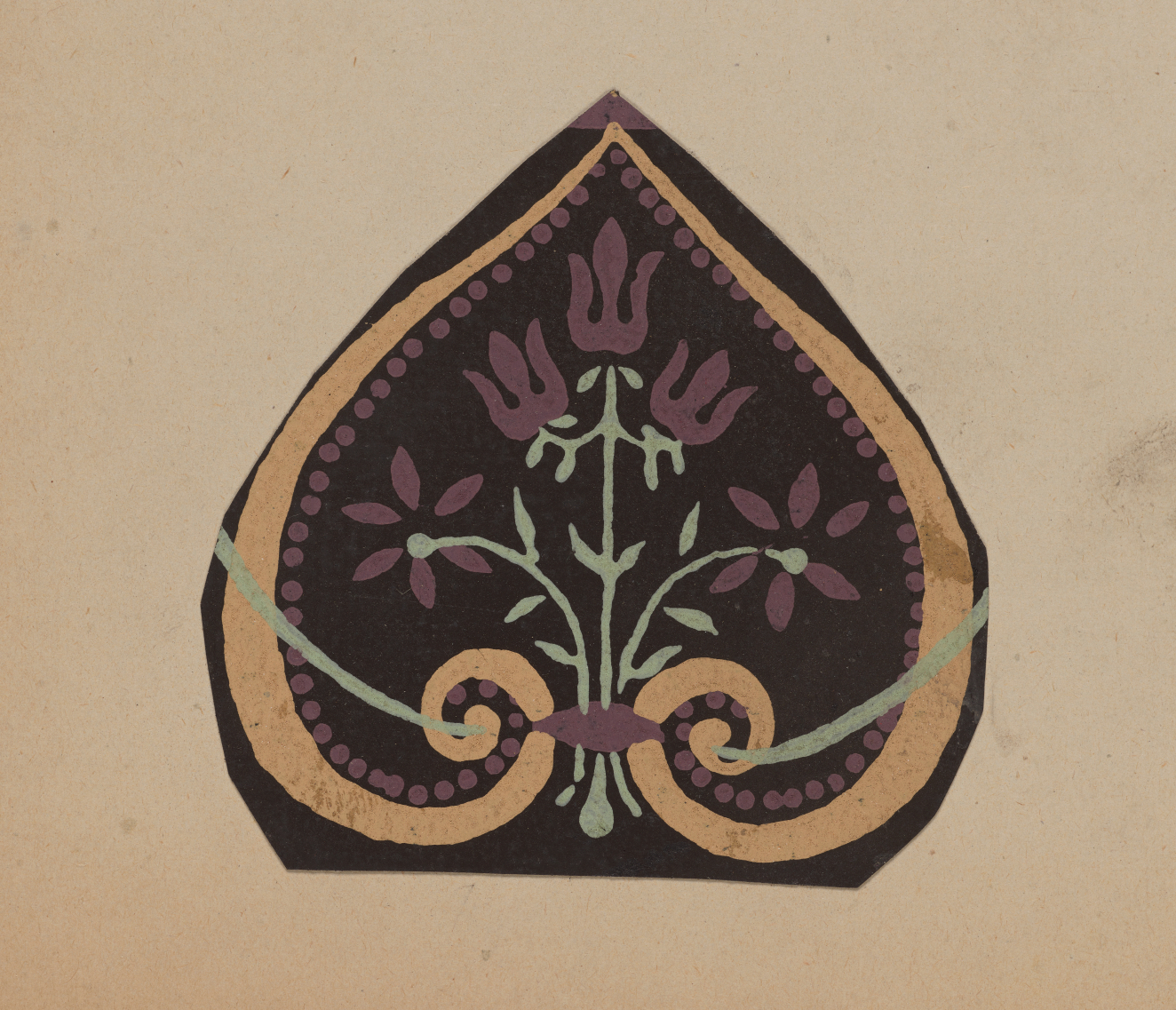 A teardrop-shaped motif with purple flowers with light green stems, surrounded by a dotted purple border and gold scrolls on a dark background.