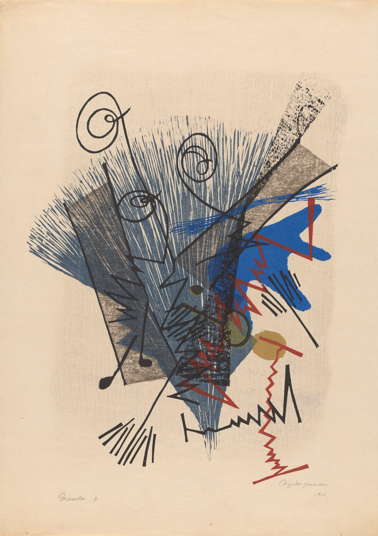 Abstract print of blue, olive, and gray organic and geometric shapes against a tan piece of paper. Various red, black, and blue jagged, swirly, and straight lines overlap the shapes.