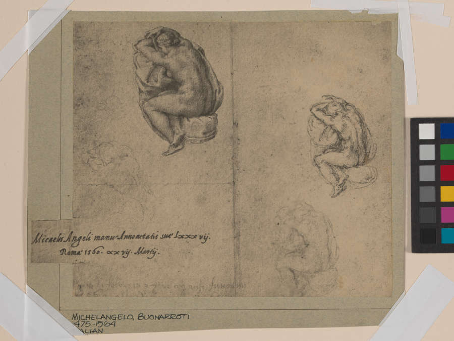 On worn paper, two sketches of a crouching nude figure. One on the left side above a handwritten note, the other slightly smaller along the right edge.