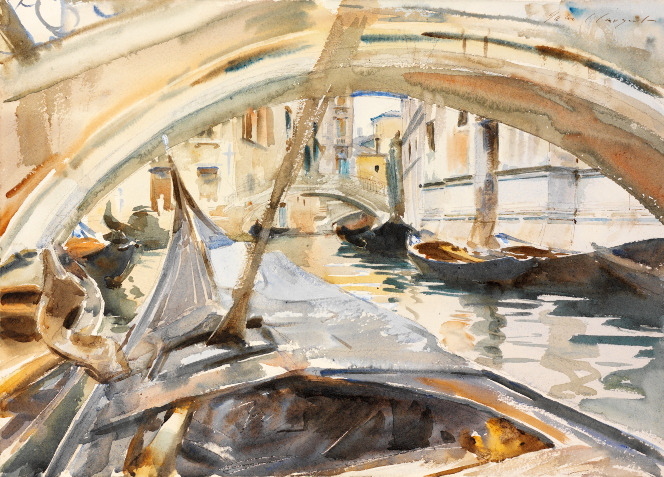 An expressive painting depicting a gondola passing under a stone bridge, with rippling, shimmering water. 