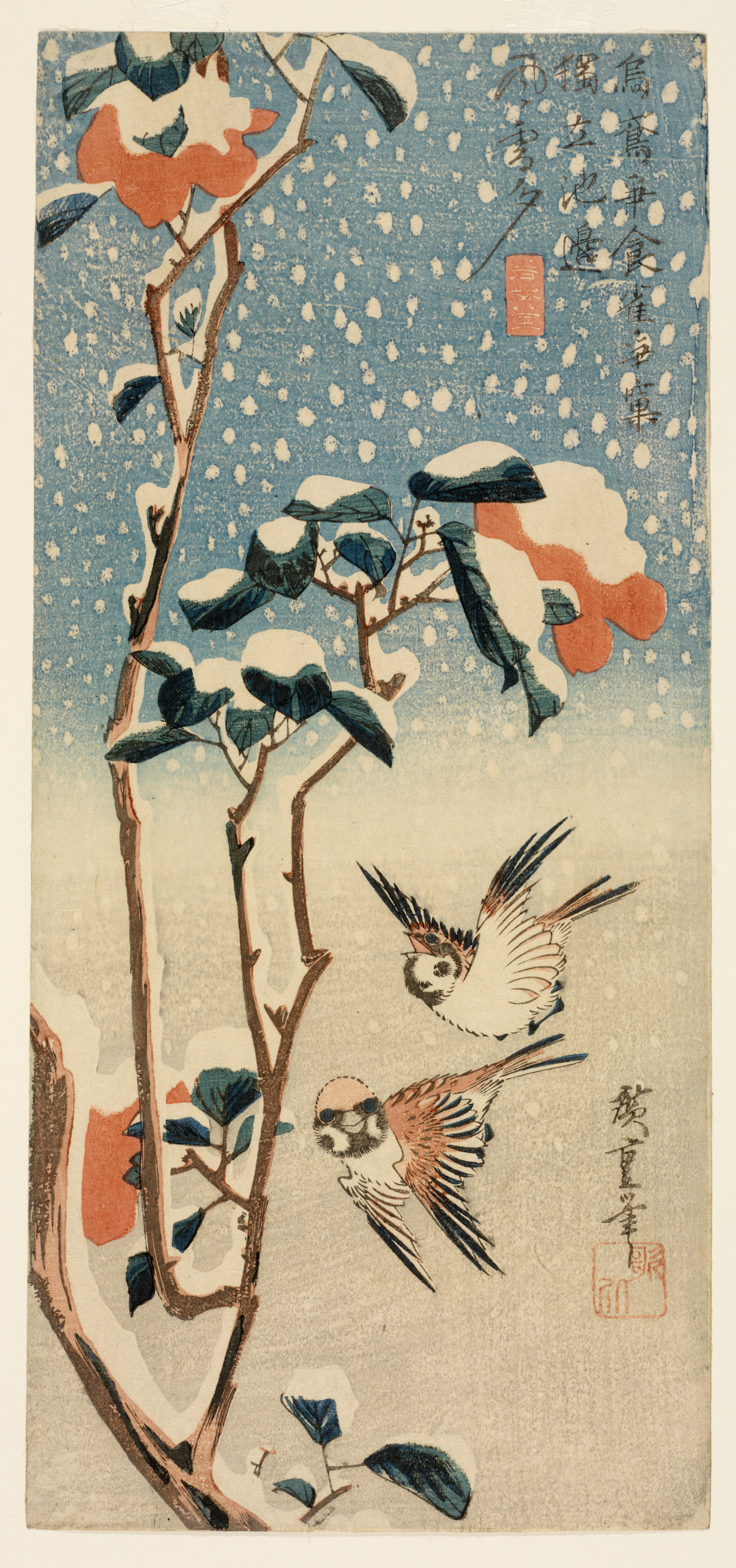 Two birds flying beside a snow-covered branch of red flowers, framed by vertical calligraphy against a faded blue sky with falling snow.