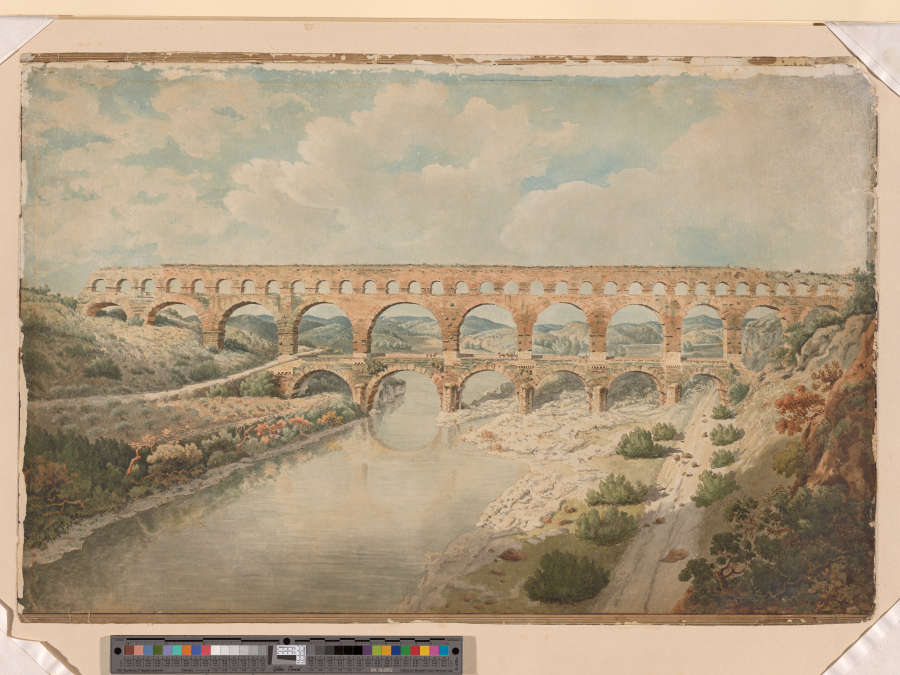 A brown ink and watercolor painting of aqueducts spanning a river in Nimes, France. The river bluff stretches towards the back of the drawing, where it meets the cloud-filled sky.