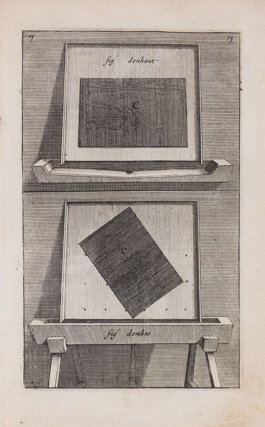 Instructional diagrams of two framed metal sheets, one upright and one tilted, each positioned on stands to demonstrate printmaking techniques.