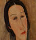 A close up of a portrait, stylized with elongated features, dark eyes, and a solemn expression, painted in warm beige and brown tones. 