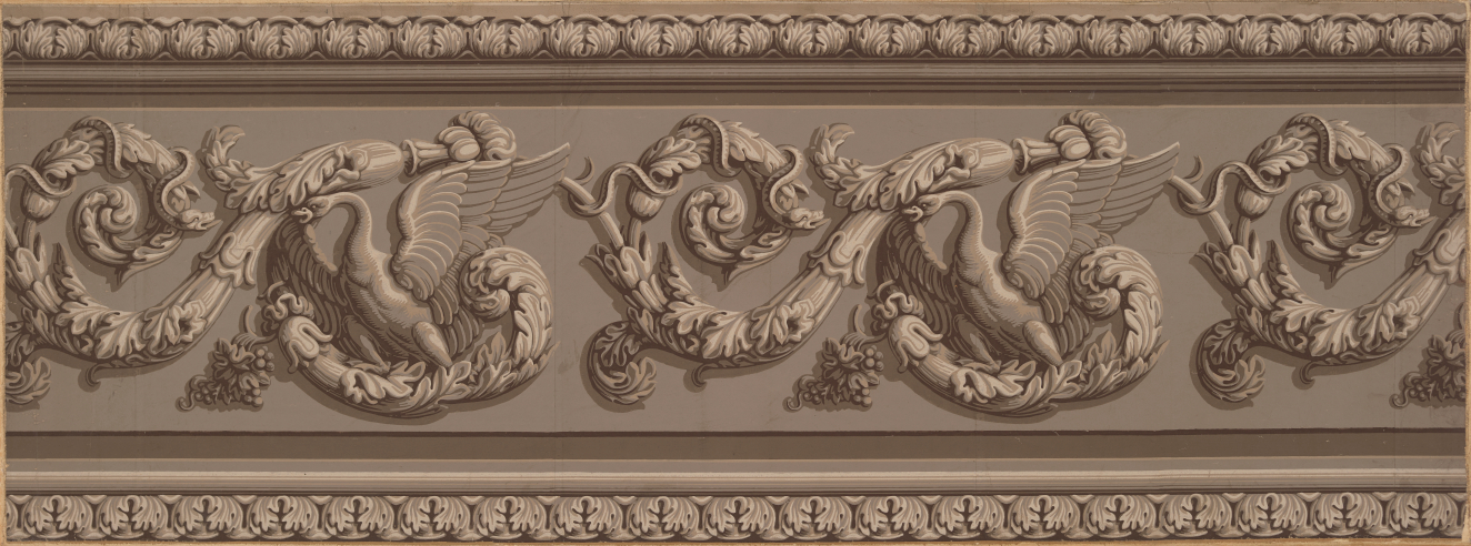 Flat frieze featuring ornate acanthus scrolls, swans, snakes, and floral motifs in a continuous pattern that appears three-dimensional on a neutral background.