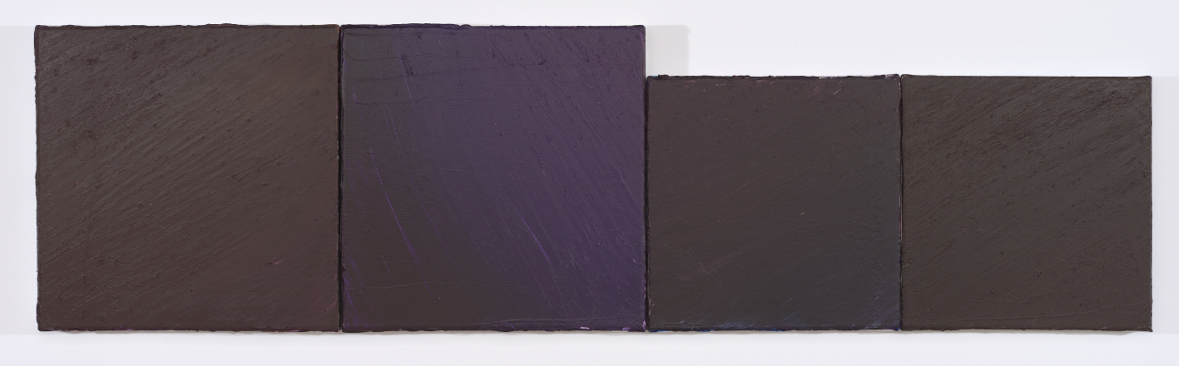 Painting composed of four very dark interlocked rectangles. Combined shape is a long horizontal rectangle, with the top margin stepped down. 