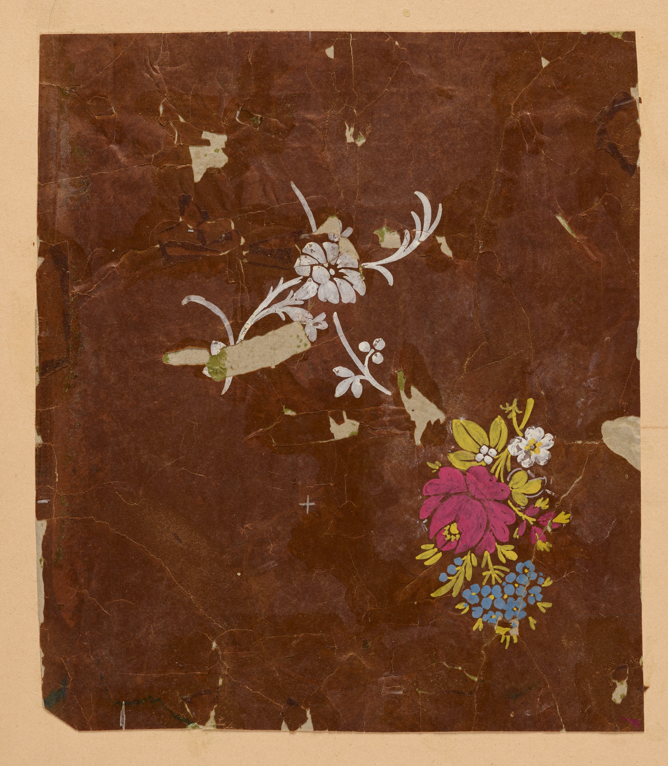 Aged, dark brown wallpaper with a singular white flower and stem, diagonal to a yellow stemmed blue, red, and white flower bouquet with yellow leaves.