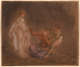 A pastel and chalk drawing of Saint Hilarion seated and covering his eyes as a glowing, nude light-skinned woman disrobes before him and two other women pull at his arms.