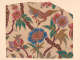 Fragment set on a beige background depicting an ornate bird with outstretched wings surrounded by blue, pink, and purple flowers with green and gold leaves hanging from a brown branches.