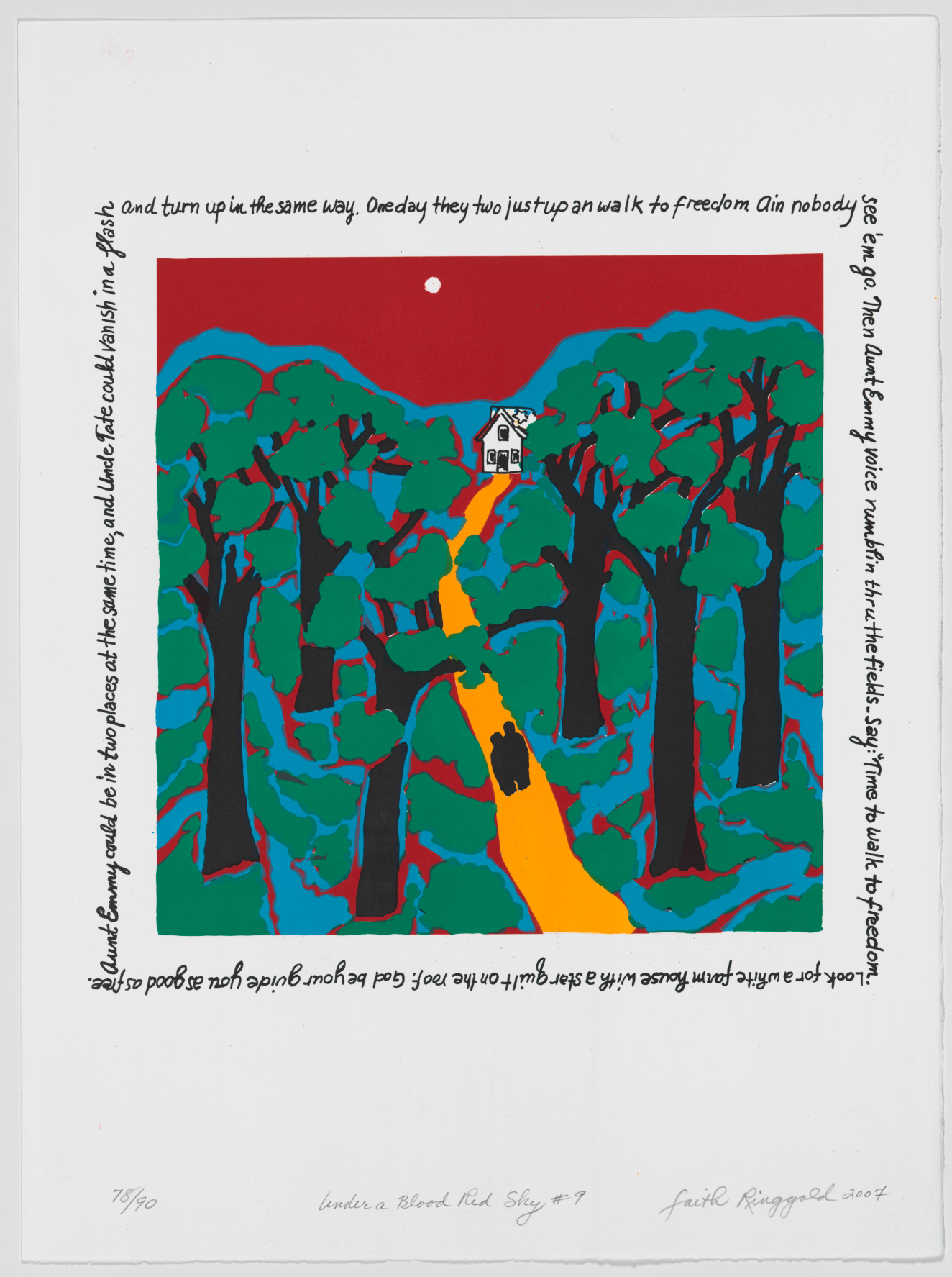 A square illustration with two small silhouetted figures walking along a bright yellow path through a dense forest under a deep red sky.