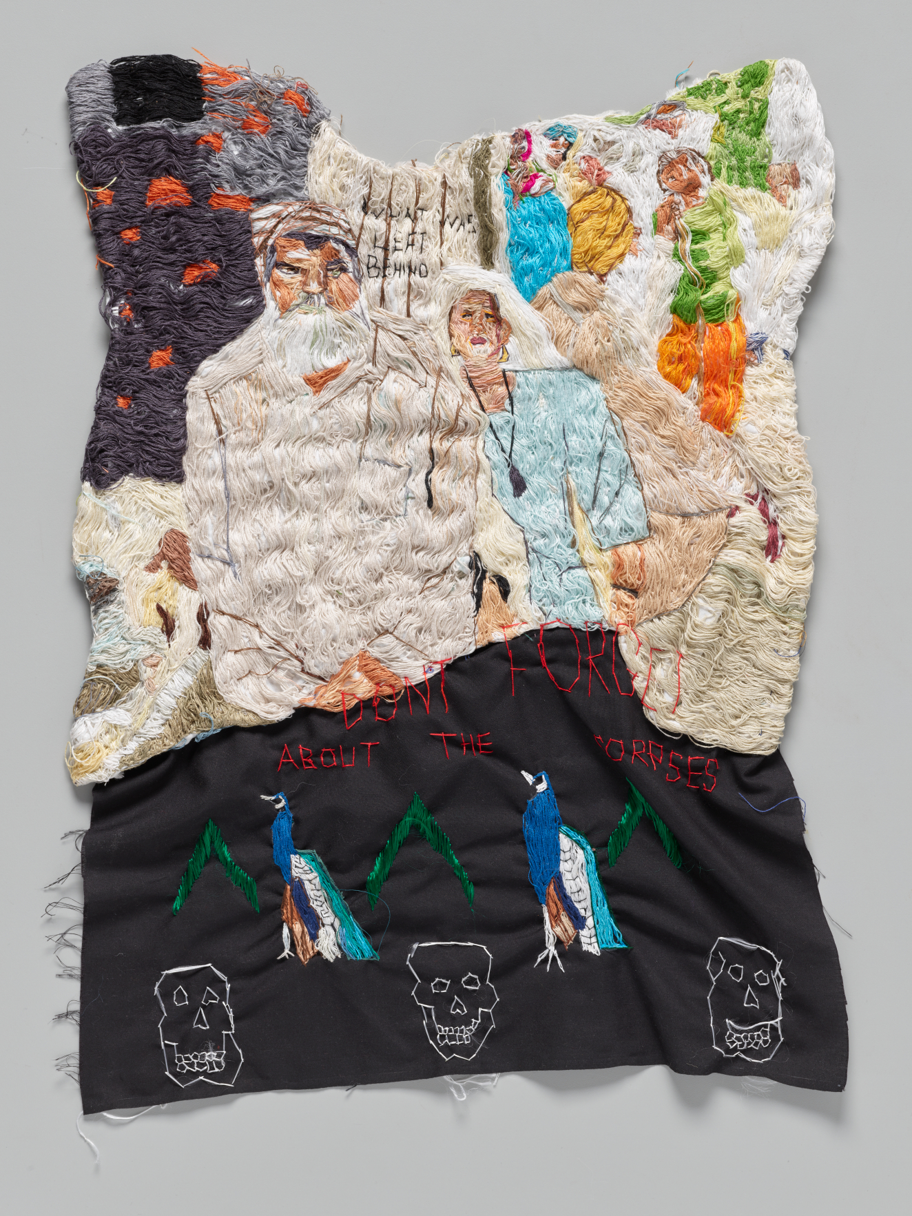 Colorful embroidered textile with figures, birds, and skulls, above red and green text reading "DON'T FORGET ABOUT THE BORDER CRISIS".