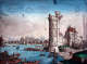 Aged, sunset painting of a vast city with bridges, tall circular buildings and grand houses close to the shore. People horseback riding and in boats are in the water.