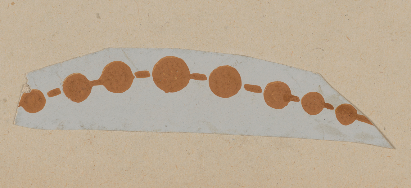 Decorative curved design on a neutral background featuring brown circles connected by short dashes which are larger in the center and smaller on the edges.