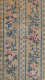 Panel of vintage fabric wallpaper featuring vertically aligned, faded pink and blue garlands alongside patterned columns of small floral motifs. The design is set on a mottled beige background.