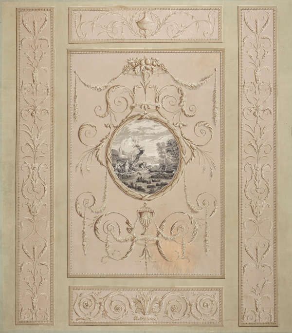 Aged photograph of light pink rectangular panels with raised white decorative scrolls against a white wall. The center panel contains a gray toned painting of people working in the countryside.