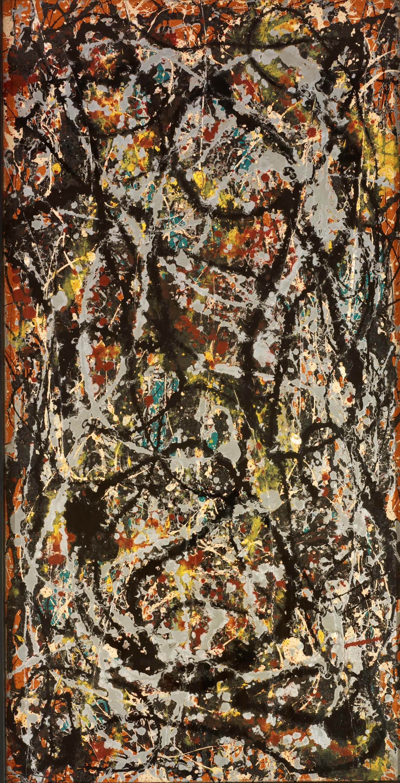A multicolored drip painting with chaotic overlapping lines and splatters of black, gray, yellow, red, and white.