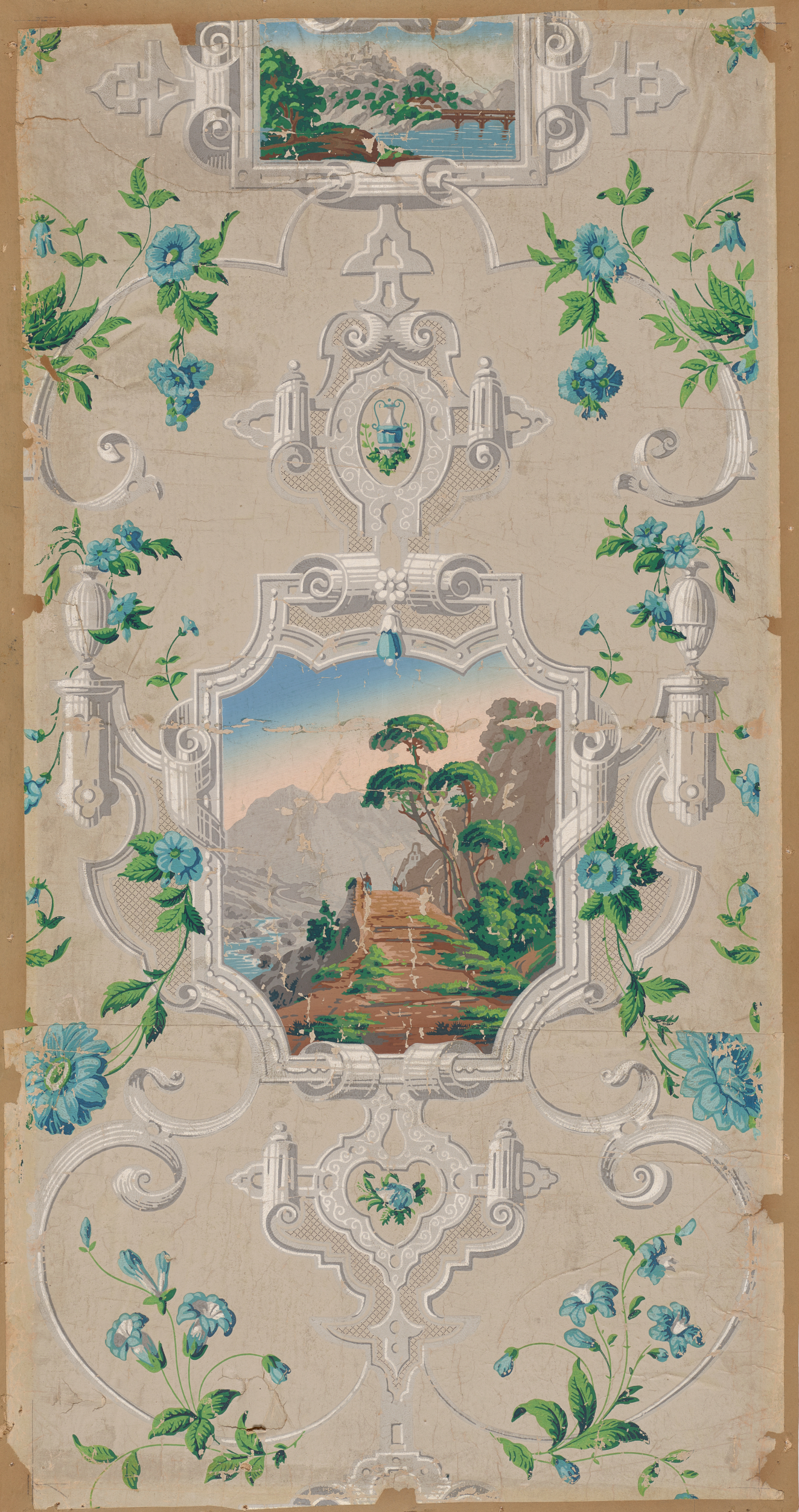 Aged, cream wallpaper with landscape paintings, in the top and center, which have white column borders and swirled linework which extends out to the corners and intersects blue stemmed flowers.