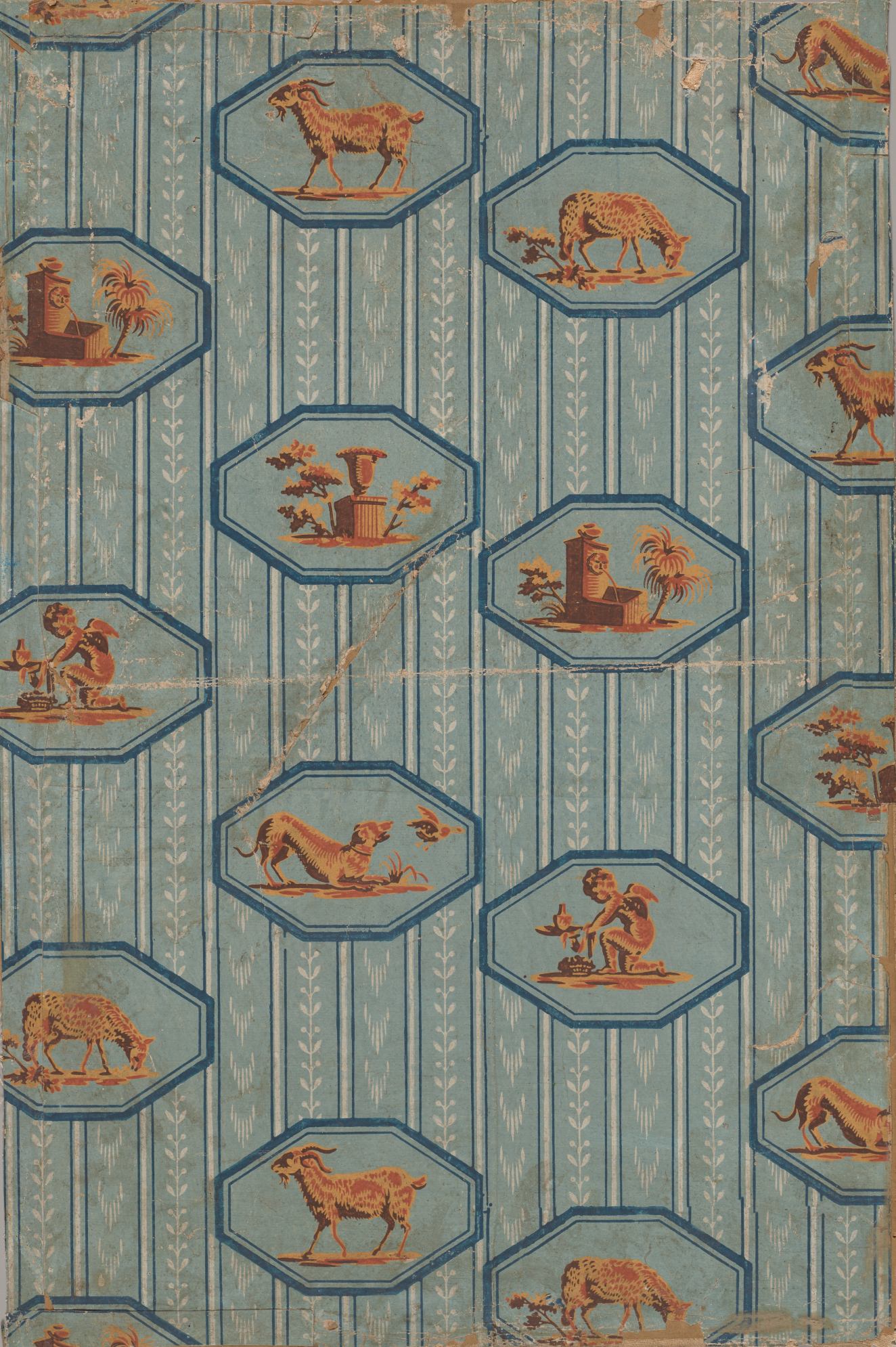 Vertically striped blue and white patterned wallcovering with repeating motifs of animals, figures, and buildings, in orange, within blue hexagonal frames overtop.