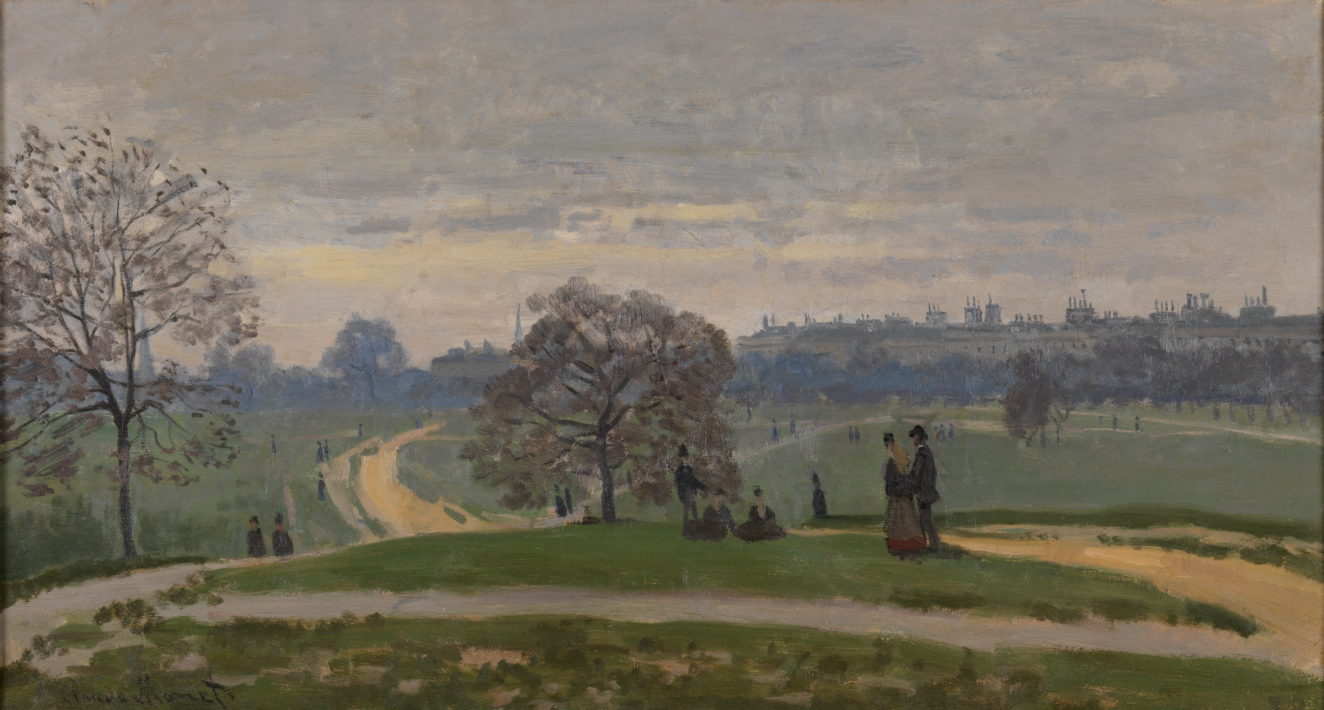 A landscape scene depicting an open green space with city rooftops in the distance with winding pathways, scattered trees, and figures in the foreground.