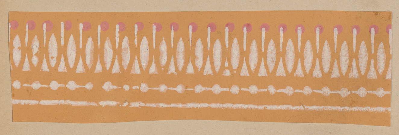 Horizontal decorative border on an orange background made up of white elongated oval and triangular shapes topped with pink dots with two rows of white stripes below.