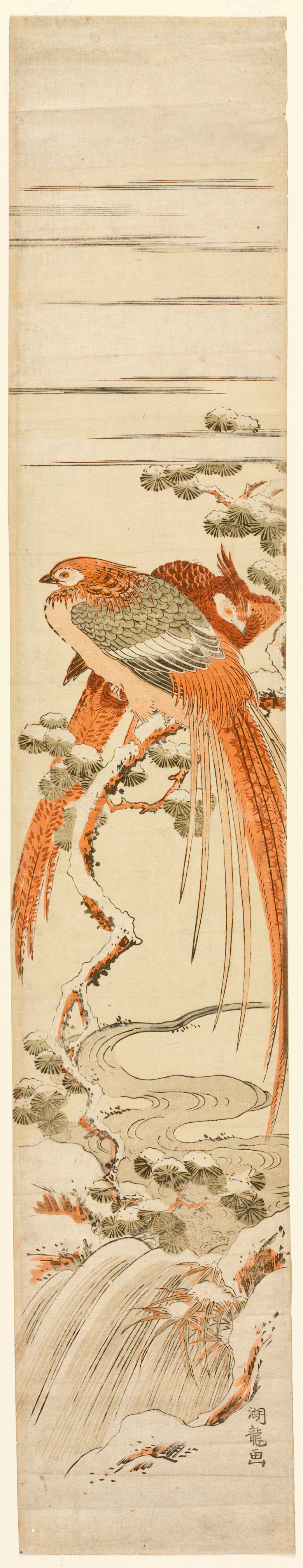 Two orange pheasants huddled together on a snow-covered pine branch above a snowy scene of a winding river flowing into a waterfall.