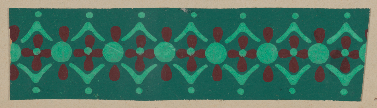 Horizontal green band on an neutral backdrop featuring a teal rhythmic pattern of circles, dots and interlocked lines and accented by red teardrop shapes.