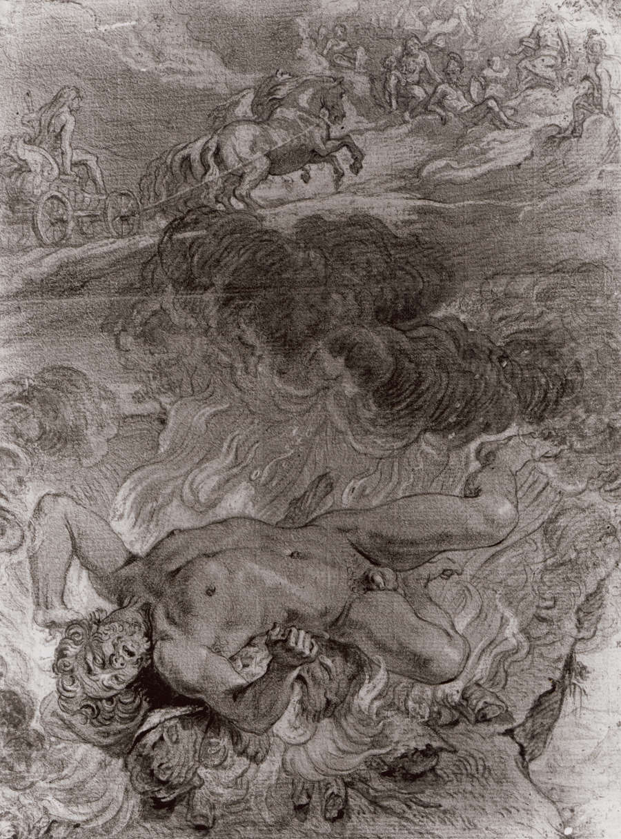 A bearded and nude Hercules lays across the bottom of the drawing on his funeral pyre. The top half depicts his entering Olympus via chariot, welcomed by the gods.
