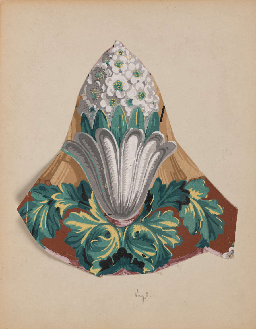Decorative motif depicting a cone of silver flowers with green leaves and accents emerging from a silver curved vase flanked by symmetrical green foliage on a gold and brown backdrop.